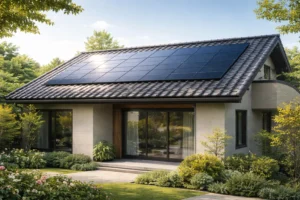 太陽光パネル一体型の瓦屋根を備えた積水ハウス風の住宅