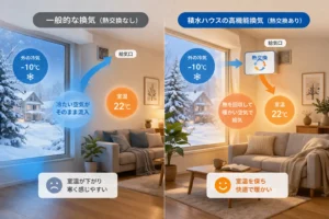 寒冷地で換気システムの違いが住み心地に影響するイメージ