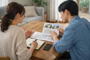 住宅展示場に行く前に自宅でメモを整理する夫婦の様子（積水ハウス検討前の準備）