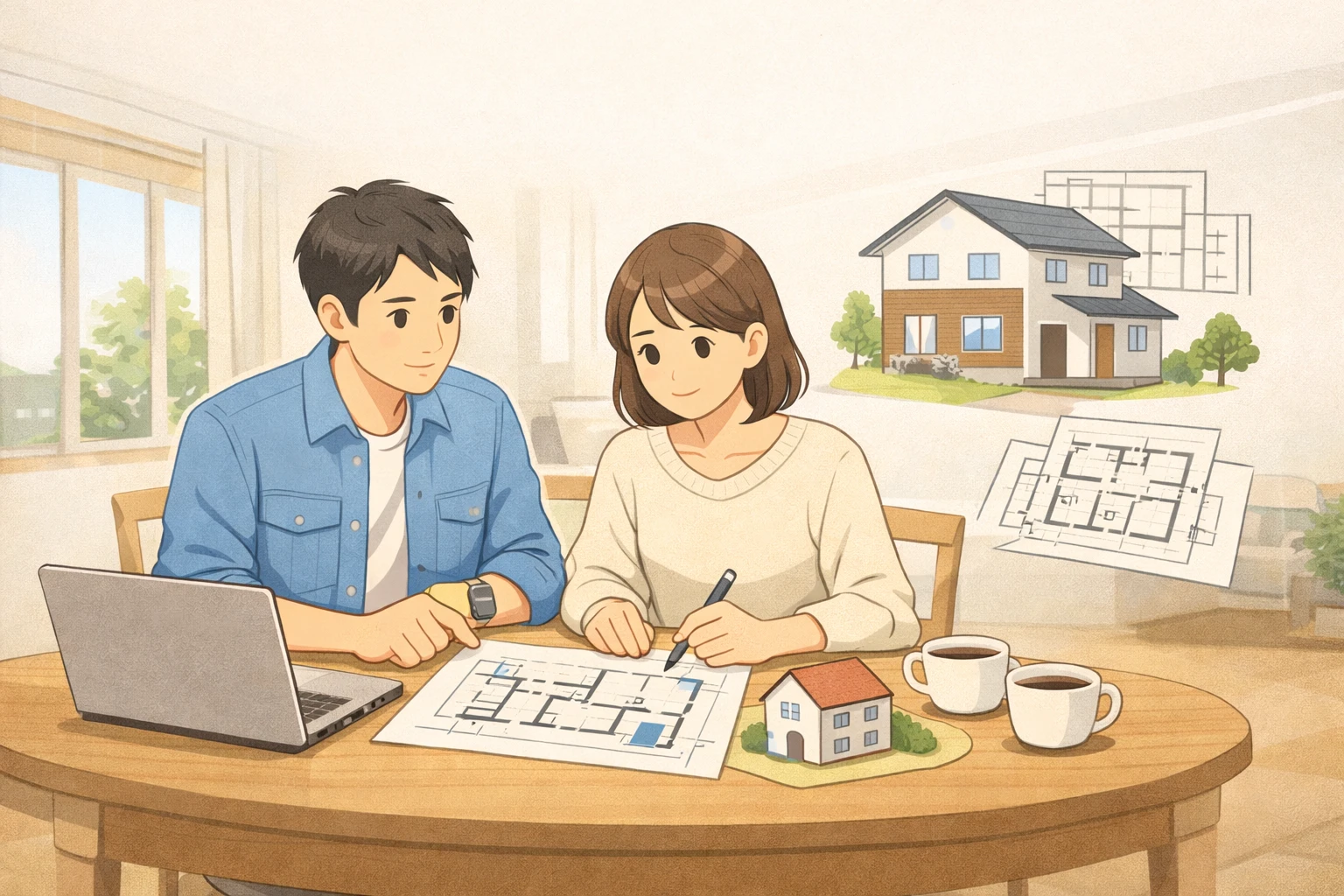 家づくりの進め方を検討する夫婦と住宅計画イメージ