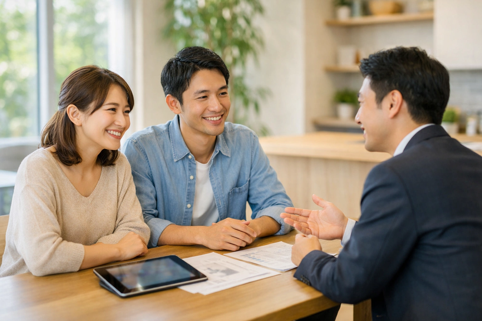 住宅展示場で営業担当者と明るく相談する夫婦のイメージ
