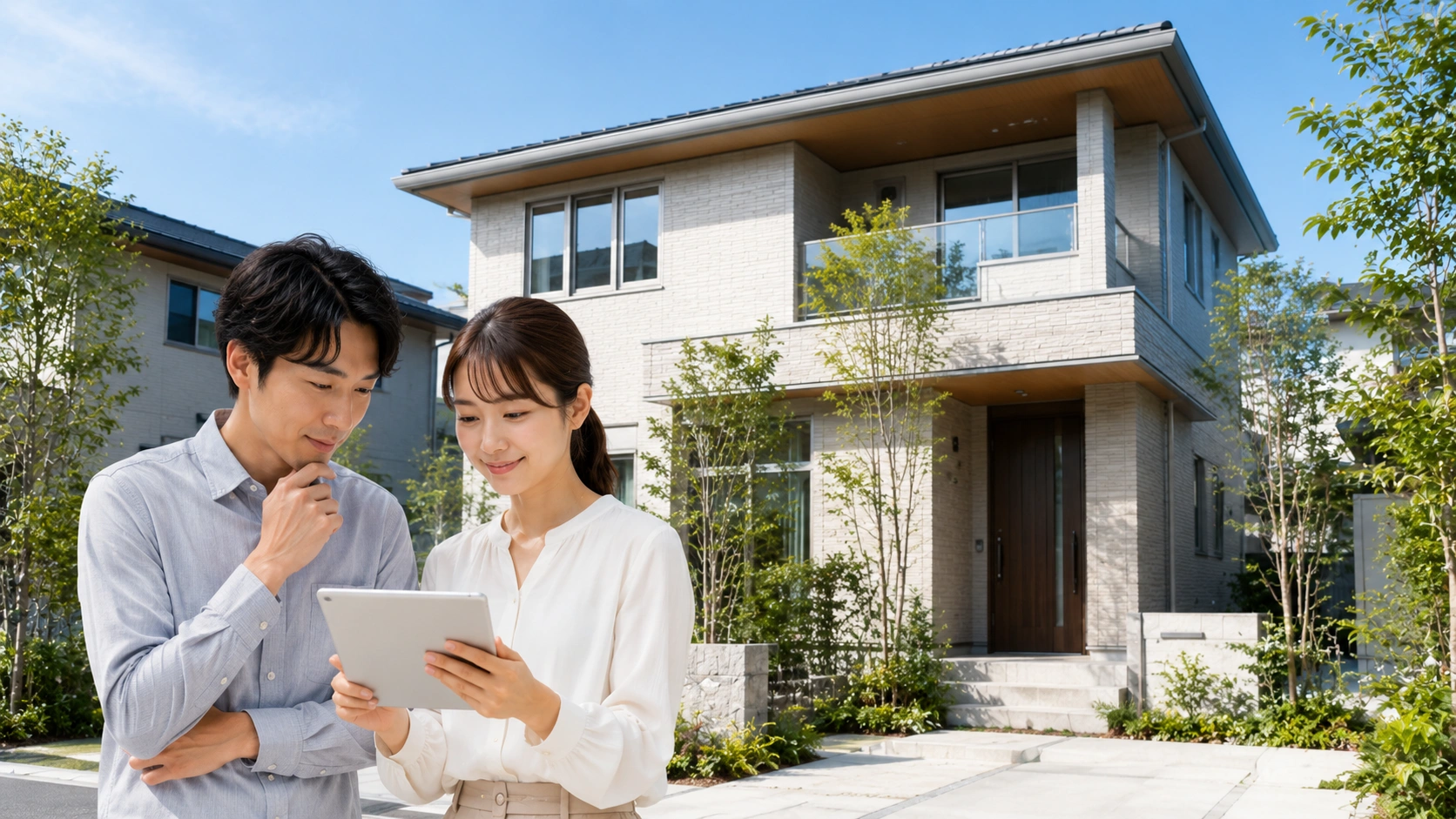 積水ハウスノイエの評判と標準仕様を検討する夫婦と分譲住宅の外観