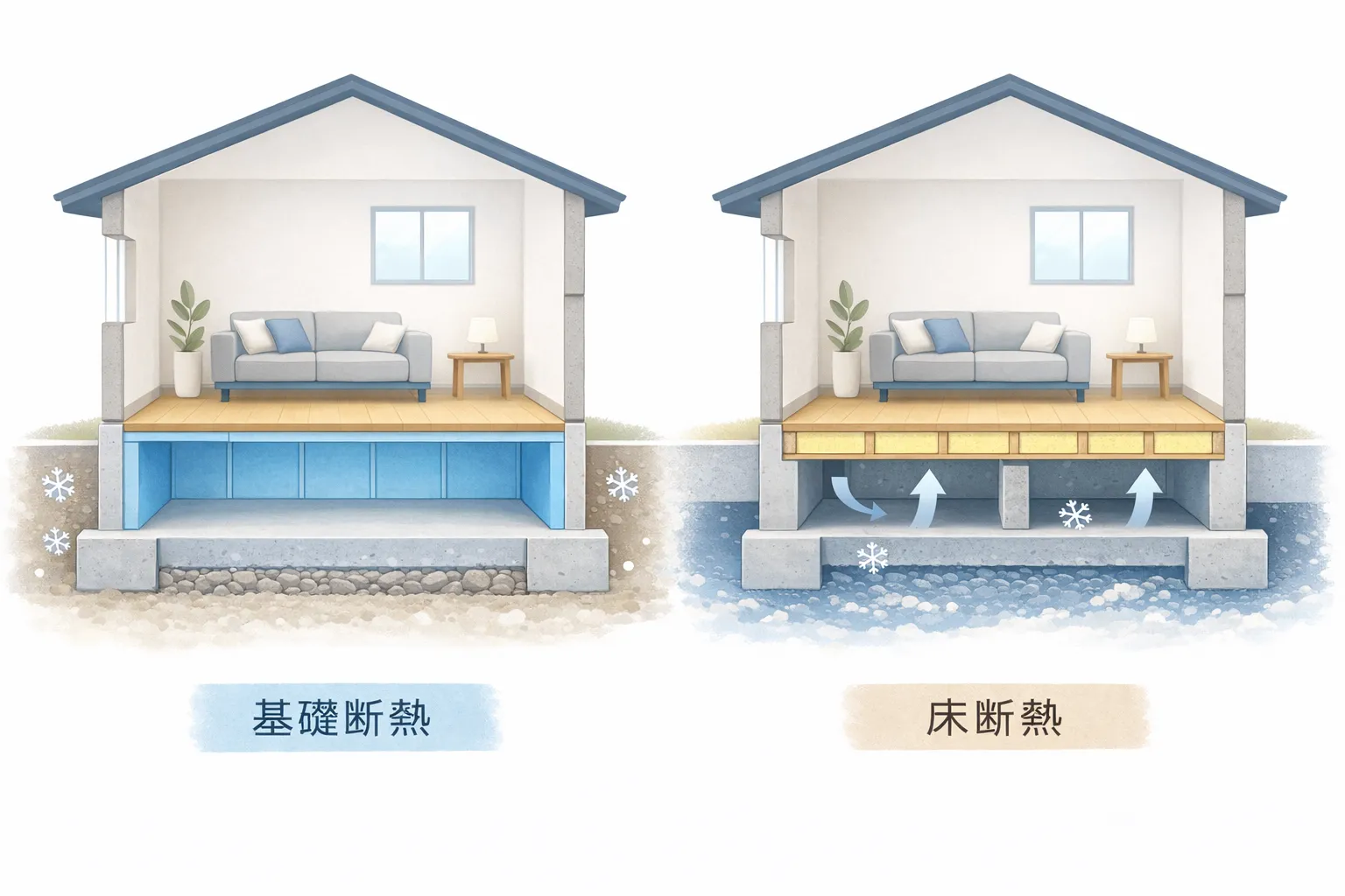 積水ハウスの基礎断熱と床断熱の違いを比較しているイメージ