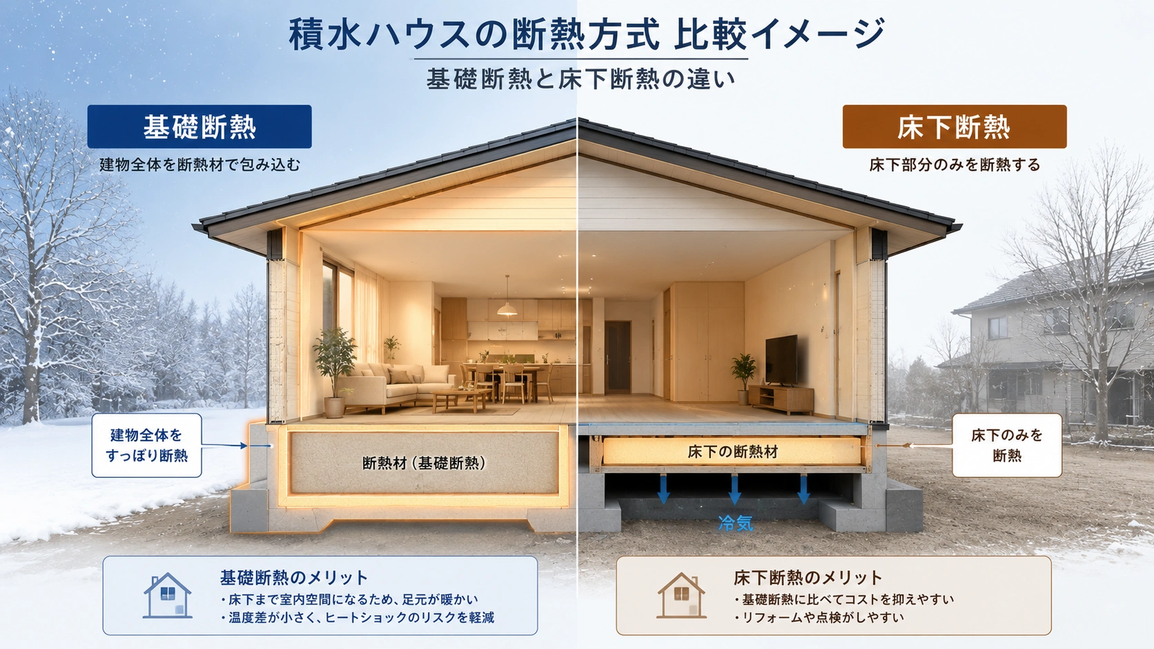 積水ハウスの基礎断熱と床下断熱の断面比較イメージ