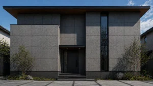 ダインコンクリート外壁と基礎色のバランスを示す住宅外観