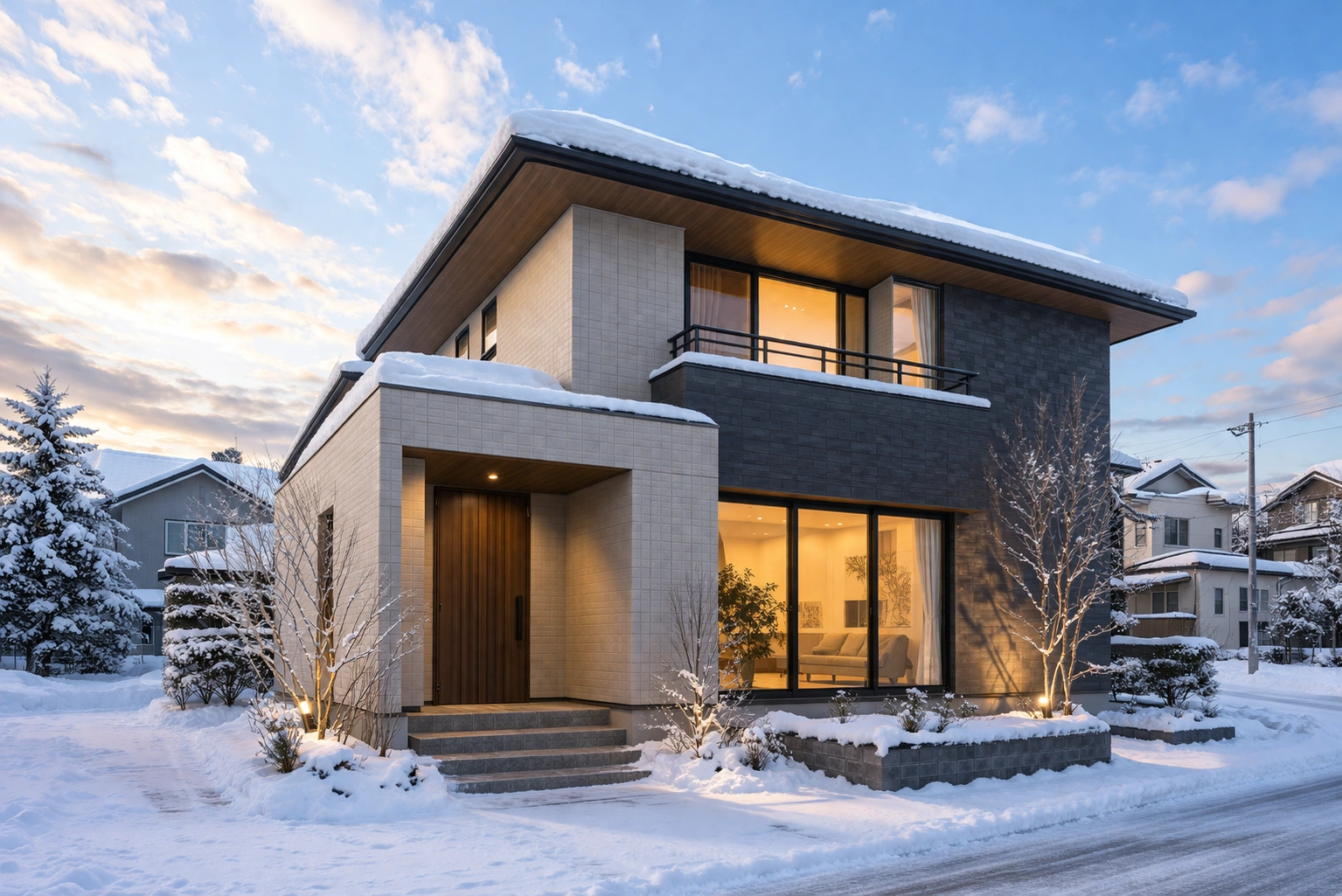 北海道の冬に建つ高断熱住宅の外観イメージ