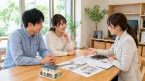 宅建士に積水ハウス ノイエの坪単価を相談する夫婦のイメージ