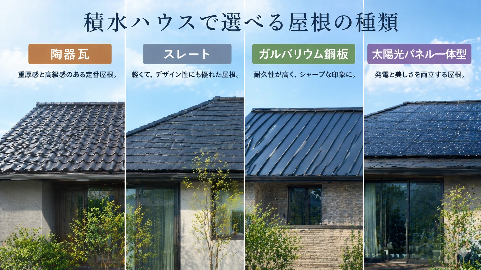 積水ハウスで選べる屋根の種類を比較するイメージ