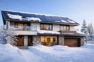 北海道の冬景色とソーラーパネル搭載住宅