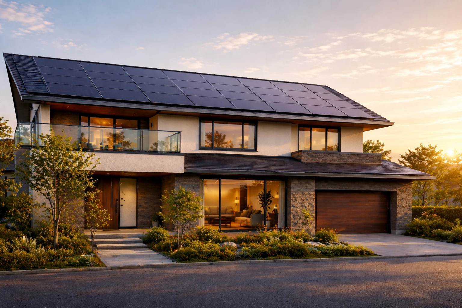 積水ハウスの屋根一体型ソーラーパネルを搭載した現代的な戸建住宅の外観