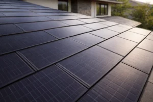 瓦一体型ソーラーパネルの屋根表面のクローズアップ