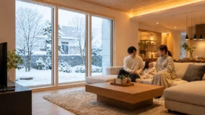 高断熱住宅で快適に過ごす冬のリビングイメージ