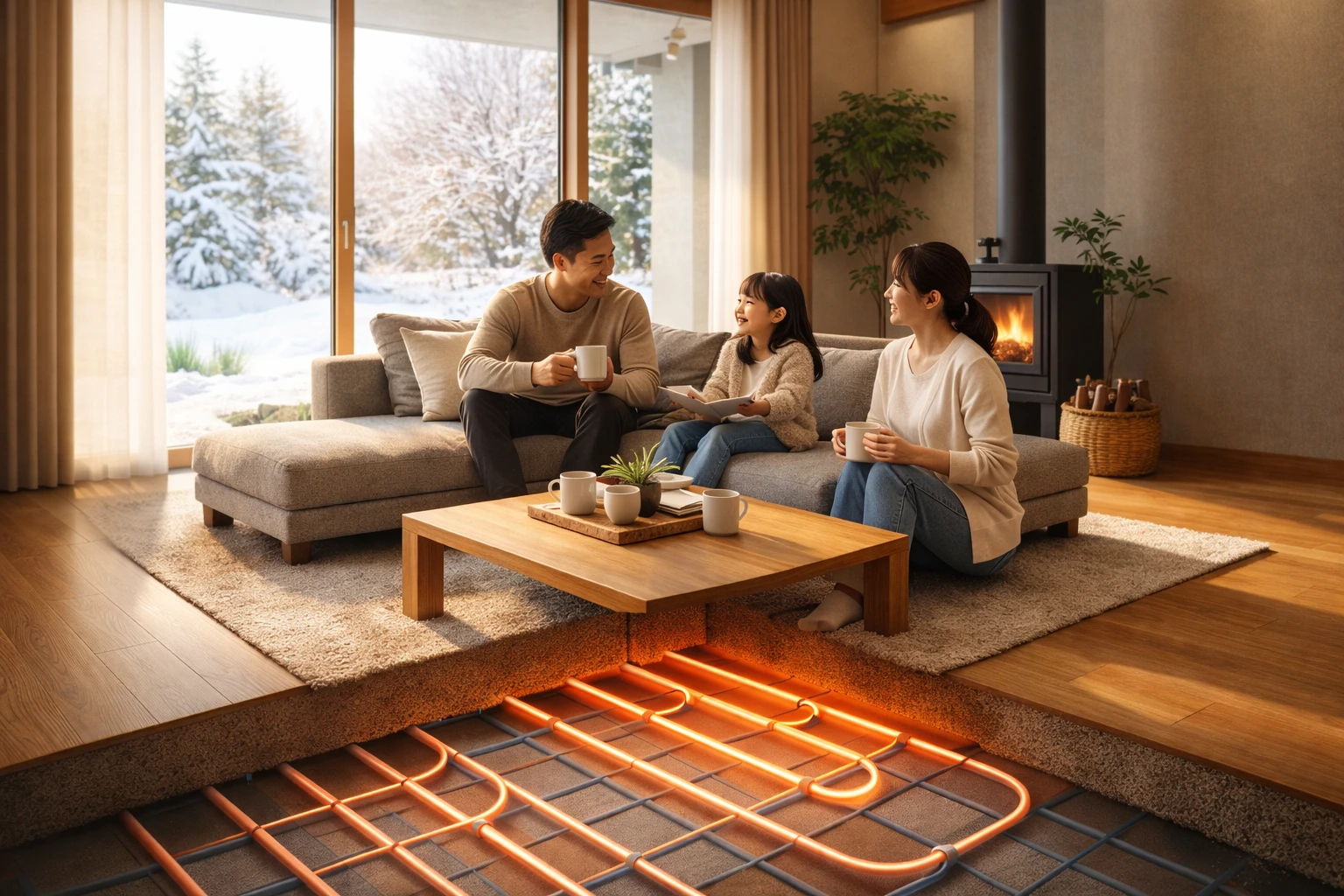 積水ハウスの床暖房で快適に過ごす家族のリビング