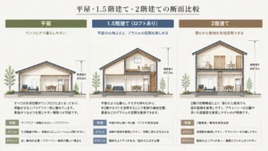 平屋・1.5階建て・2階建ての断面比較イメージ