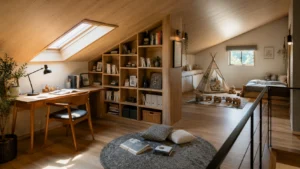 1.5階建て小屋裏スペースを書斎・子ども部屋として活用した室内