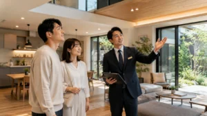 積水ハウス展示場で1.5階建てモデルハウスを見学するカップル