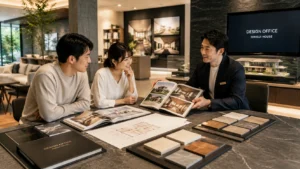 積水ハウス デザインオフィスの展示場で担当者と相談する夫婦のイメージ