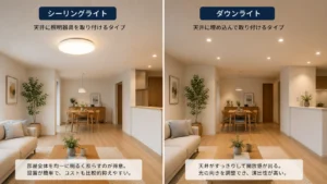 ダウンライトとシーリングライトの設置比較イメージ