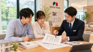 積水ハウスの展示場で担当者と間取りを確認するイメージ