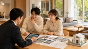 展示場相談前の比較準備を表した打ち合わせ風景
