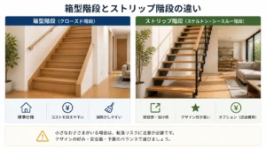 箱型階段とストリップ（スケルトン）階段の比較イメージ
