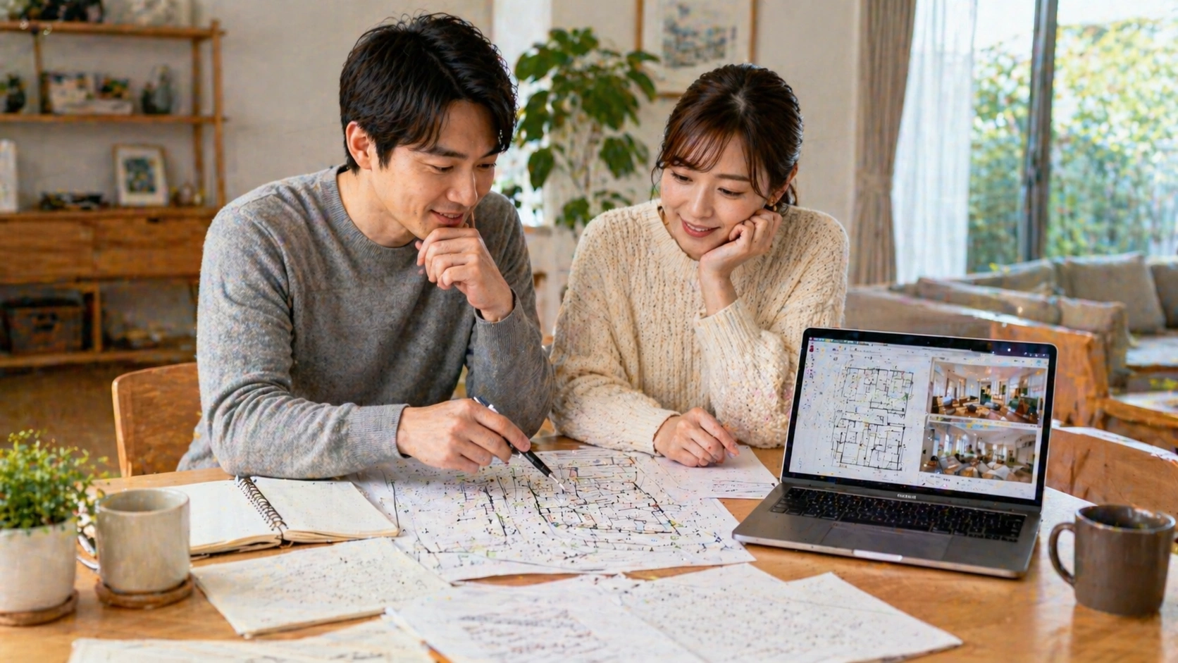 積水ハウスの間取りをノートとパソコンで検討する夫婦