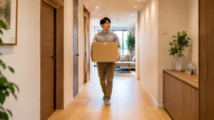 メーターモジュールのゆとりある廊下幅で荷物を運ぶ生活シーン