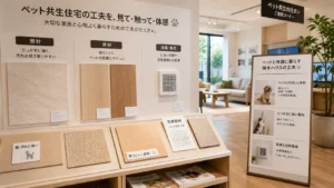■本文画像03
設置箇所：「展示場で確認すべき仕様」H3直下
生成プロンプト（英語）：Japanese house exhibition showroom interior showing pet-friendly wall panels and flooring samples, bright and clean display, 16:9 aspect ratio, wide format, 1200x675px
alt：積水ハウス展示場のペット共生仕様サンプル確認
ファイル名：sekisuihouse-pet-exhibition.webp