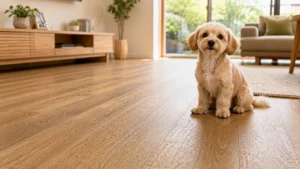 ペット対応の滑りにくいフローリングと犬