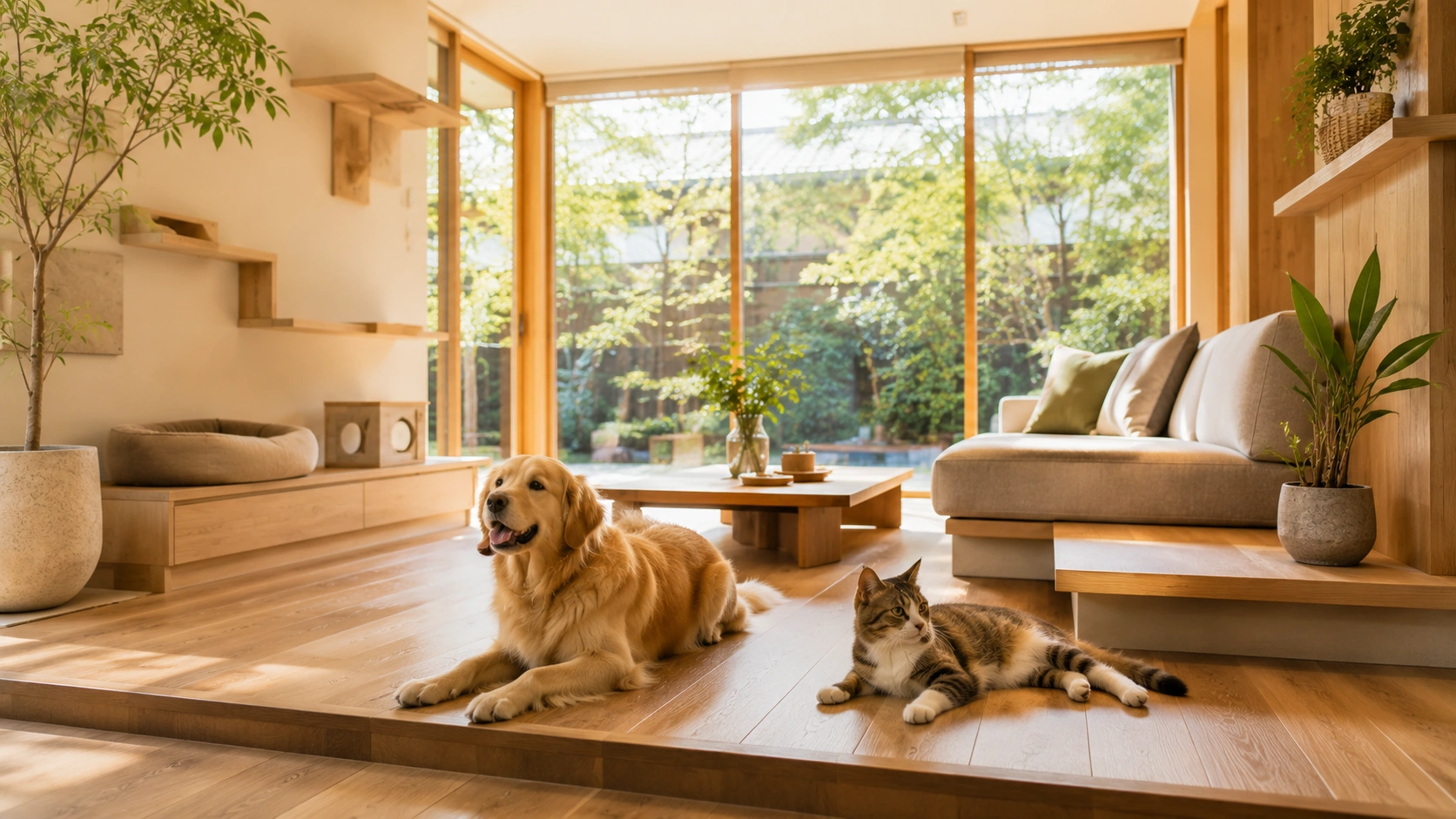 積水ハウスのペット共生住宅のリビングでくつろぐ犬と猫