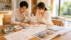 家づくりの総額を資料と電卓で確認する場面