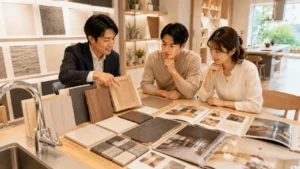 標準仕様とオプションを見比べる住宅設備の相談風景