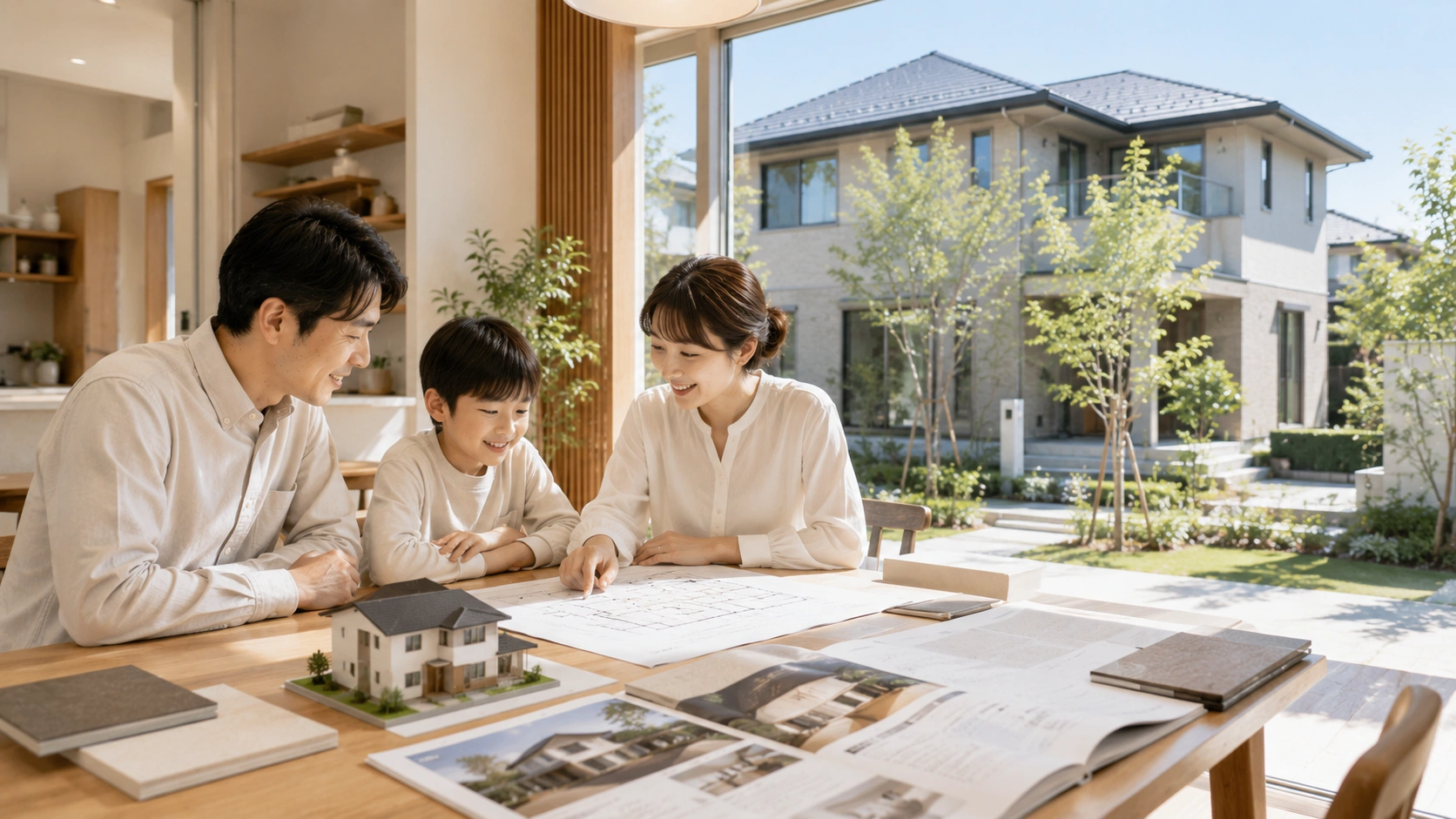 住まいの計画を相談する家族とモダンな住宅のイメージ