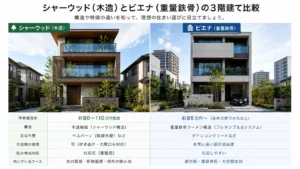 シャーウッド（木造）とビエナ（重量鉄骨）の3階建て比較イメージ