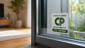 窓サッシに貼られたCPマーク認定ラベルのイメージ