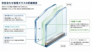 防犯合わせ複層ガラスの断面構造図(Low-E・アルゴンガス・PVB中間膜)