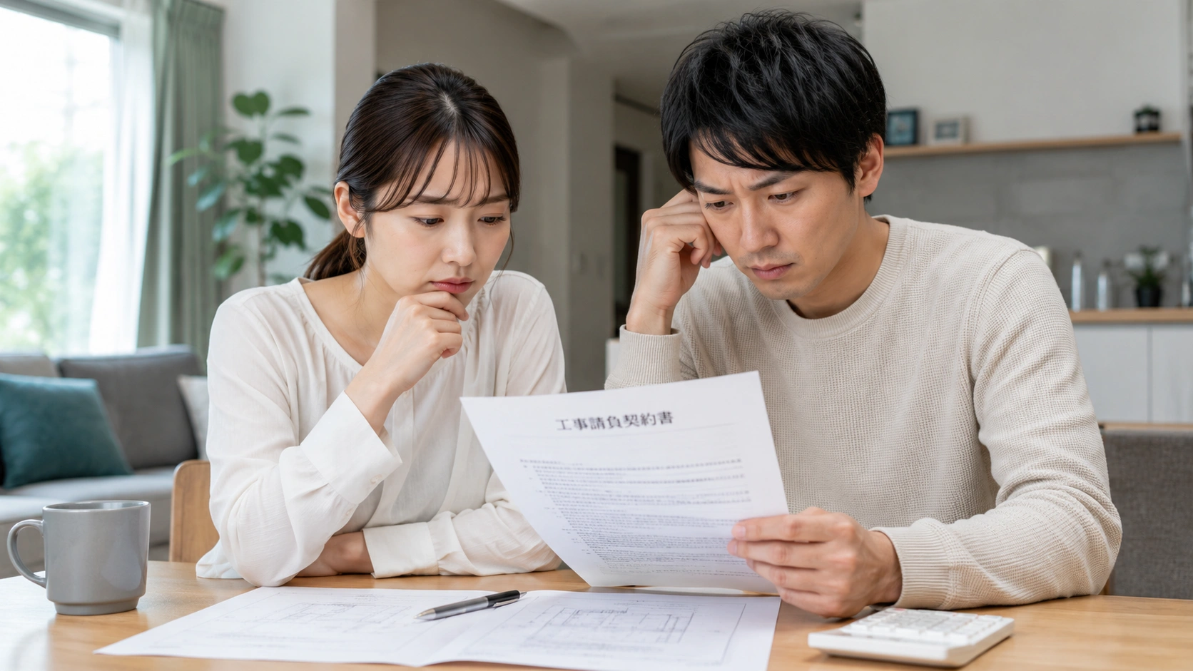 注文住宅の契約書を前に解約や違約金で悩む夫婦のイメージ