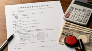 契約書と電卓・お金で違約金を確認するイメージ