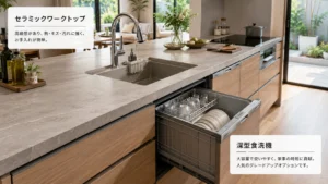 セラミックワークトップと深型食洗機のキッチンオプションイメージ
