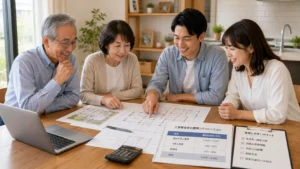 二世帯住宅の費用・間取りを家族で話し合うイメージ
