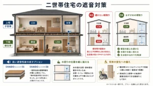 二世帯住宅の遮音対策イメージ・床・壁の防音構造断面図