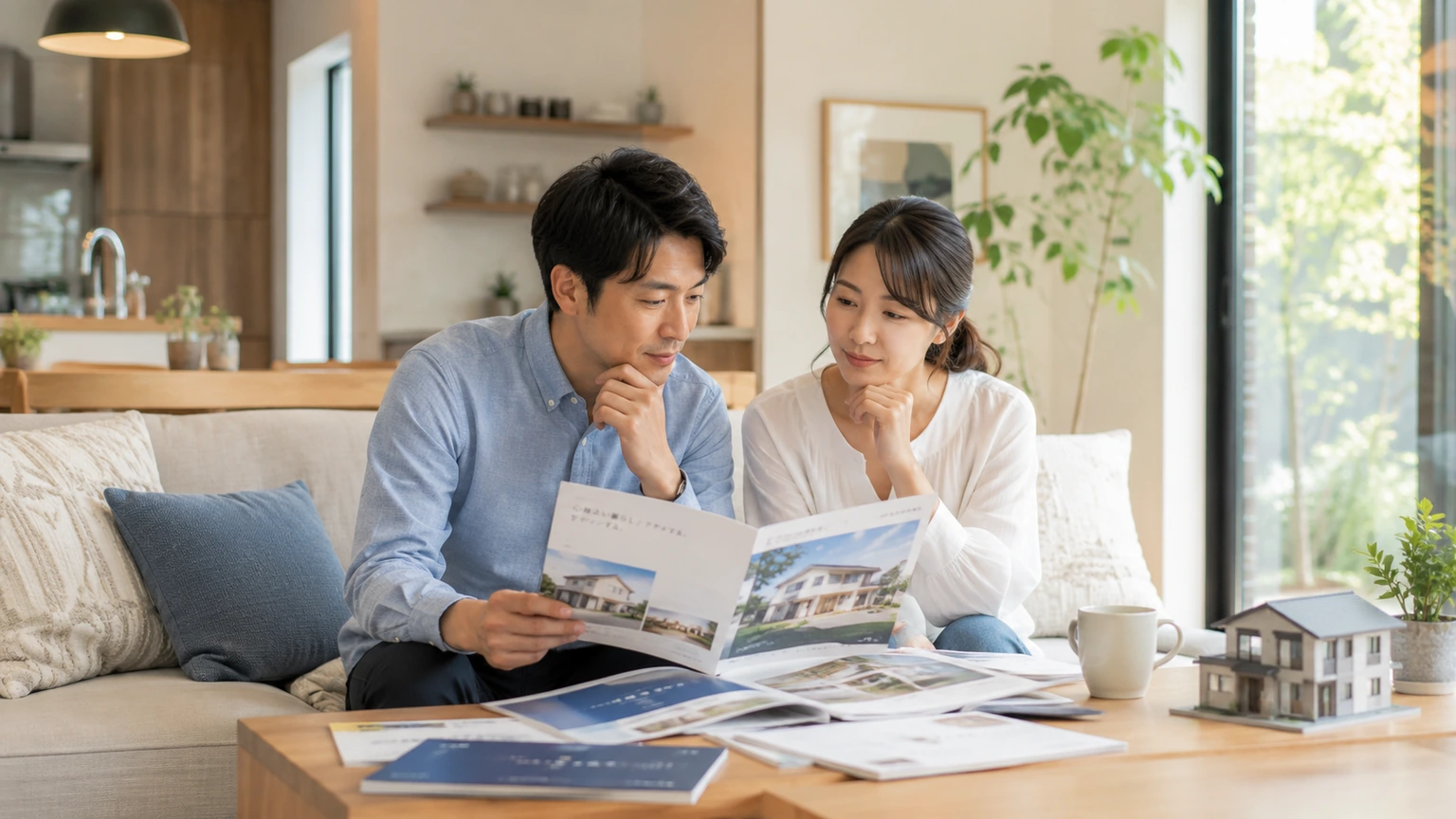 積水ハウスの紹介者がいない夫婦がパンフレットを見て検討している様子