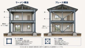 積水ハウスとトヨタホームの鉄骨構造の違いを示す断面図イメージ