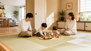 子育て世代が和室で子どもとくつろぐ家族のイメージ