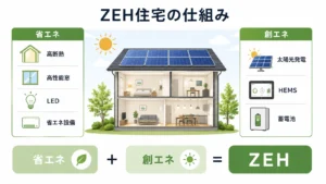 ZEH住宅の省エネ・創エネの仕組みを示すフロー図
