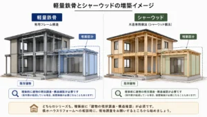 積水ハウス軽量鉄骨とシャーウッドの構造比較イメージ
