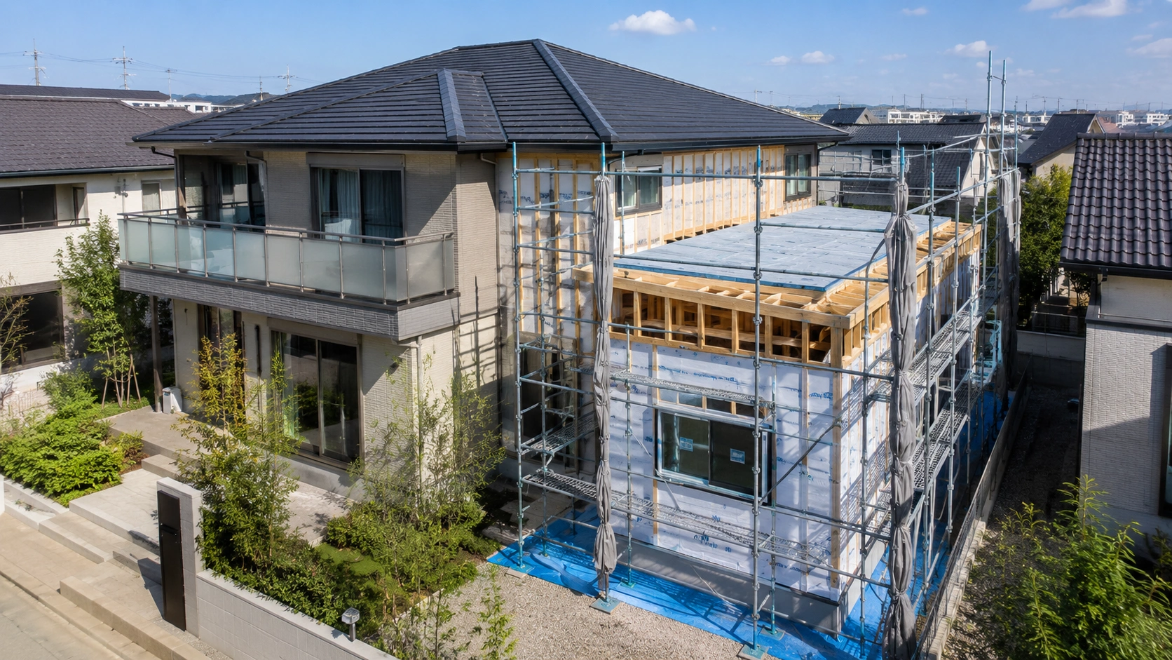 積水ハウスの増築工事イメージ・住宅に部屋を追加する施工中の外観