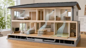 2階建て住宅で快適エアリーの空調範囲を確認するイメージ