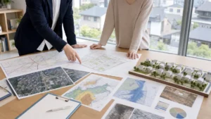 分譲地の利便性・安全性・将来性を確認するイメージ