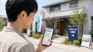 展示場に行く前にスマホで紹介ルートを確認するイメージ